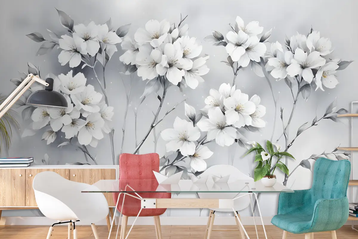 Suluboya Resim Beyaz Çiçekler Duvar Kağıdı 