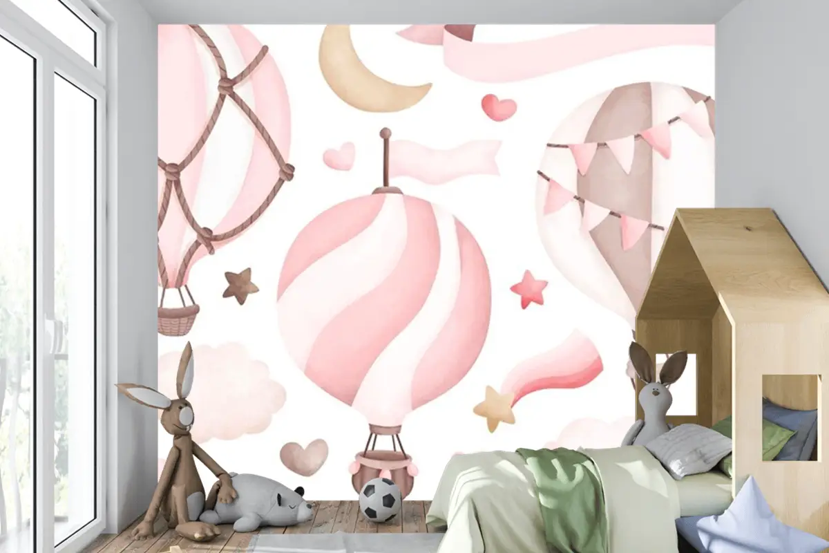 Suluboya Pembe Sıcak Hava Balonu Çocuk Odası Duvar Kağıdı 