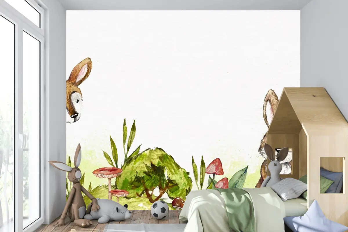 Suluboya Tavşan Ve Ormanda Geyik Çocuk Odası Duvar Kağıdı