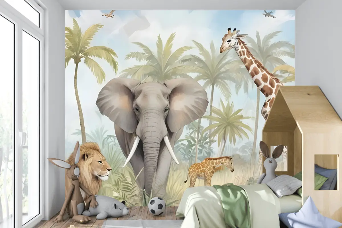 Ormandaki Suluboya Safari Hayvanları Çocuk Odası Duvar Kağıdı 