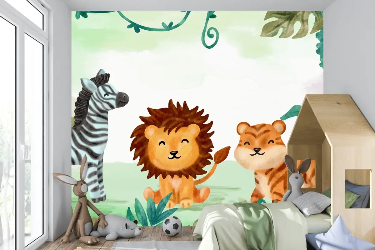Suluboya Safari Arka Plan Boys Çocuk Odası Duvar Kağıdı 