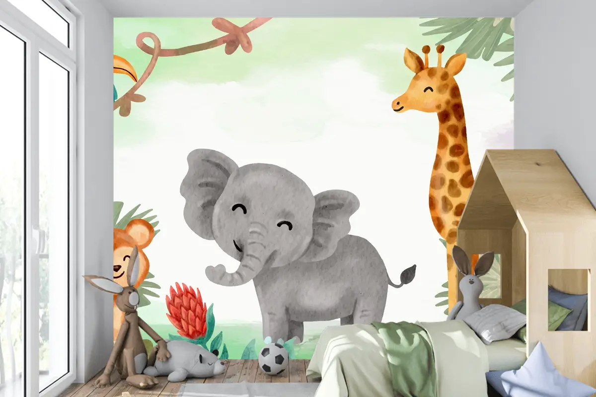 Suluboya Safari Arka Plan Çocuk Odası Duvar Kağıdı 