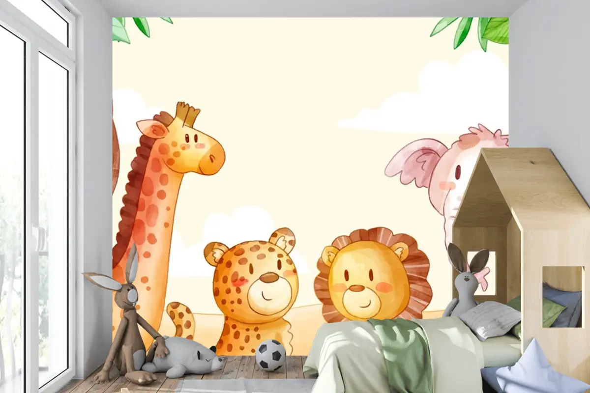 Suluboya Safari Arka Plan Çocuk Odası Duvar Kağıdı 