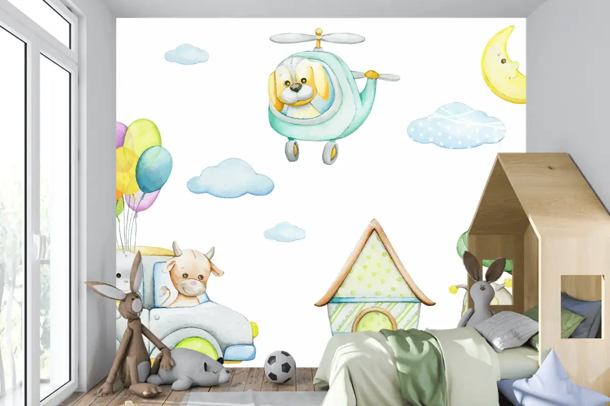 Karikatür Tarzı Tropikal Hayvanlar Araba Helikopter Ay Çocuk Odası Duvar Kağıdı Nde Suluboya Dikişsiz Desen