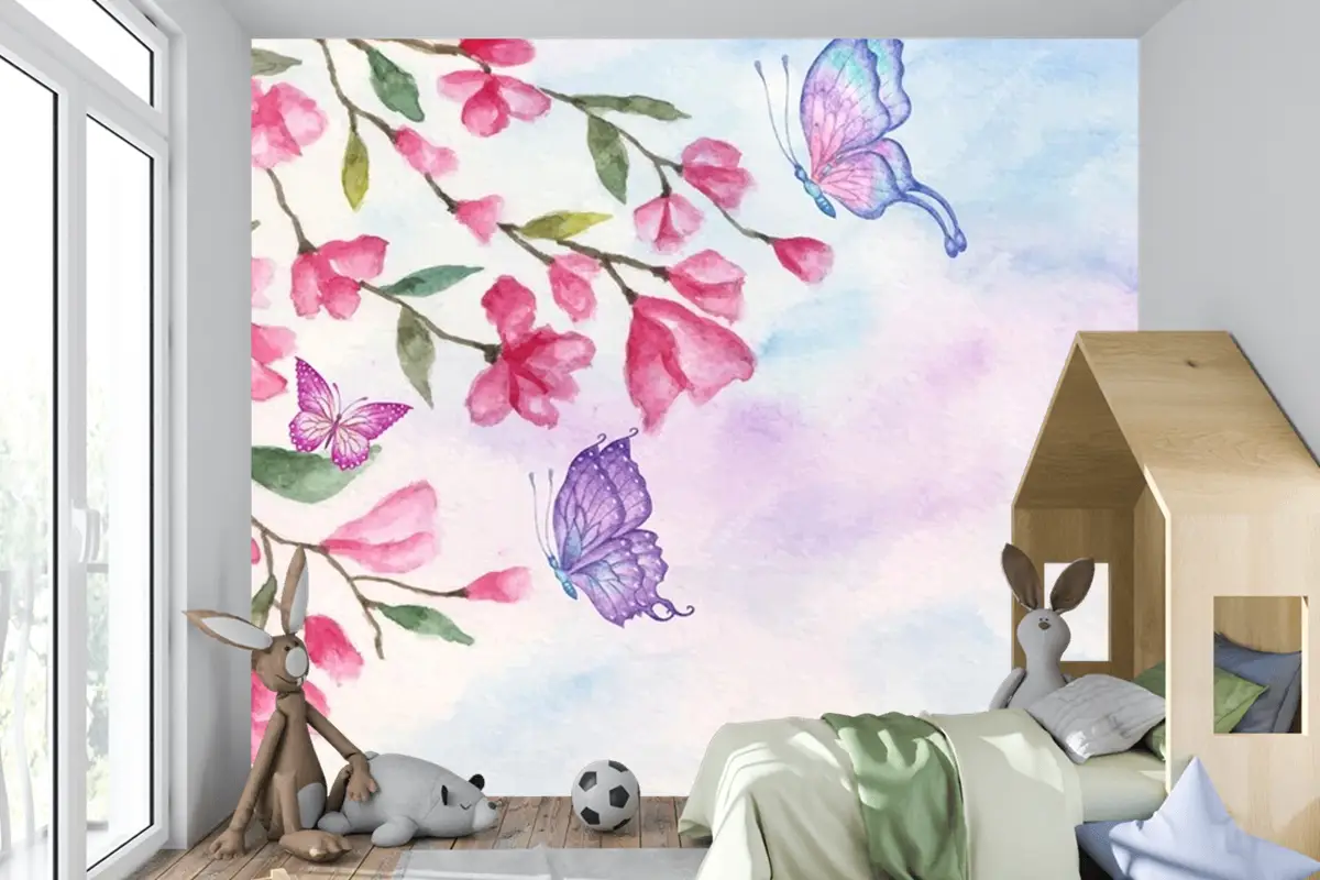 Güzel Kelebekler Çocuk Odası Duvar Kağıdı Ile Suluboya Bahar Manzara Arka Plan