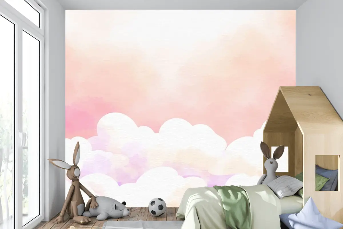 Suluboya Şeker Pamuk Bulutlar Arka Plan Çocuk Odası Duvar Kağıdı