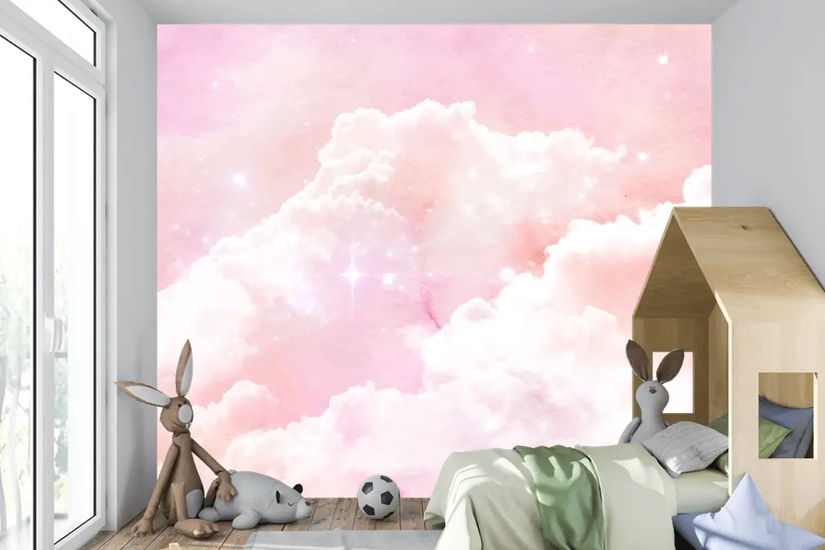 Suluboya Şeker Pamuk Bulutlar Arka Plan Çocuk Odası Duvar Kağıdı 