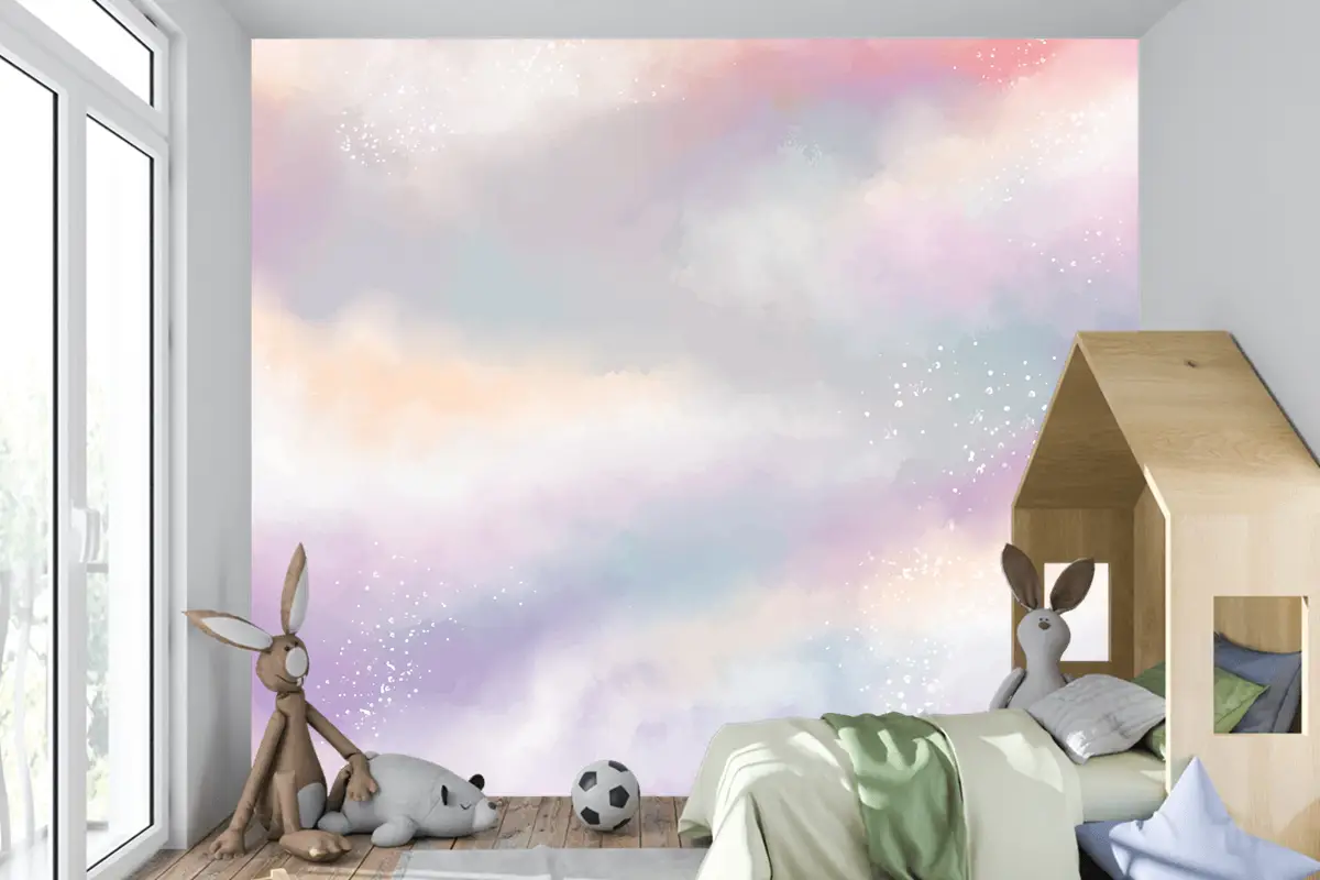 Suluboya Şeker Pamuk Bulutlar Çocuk Odası Duvar Kağıdı