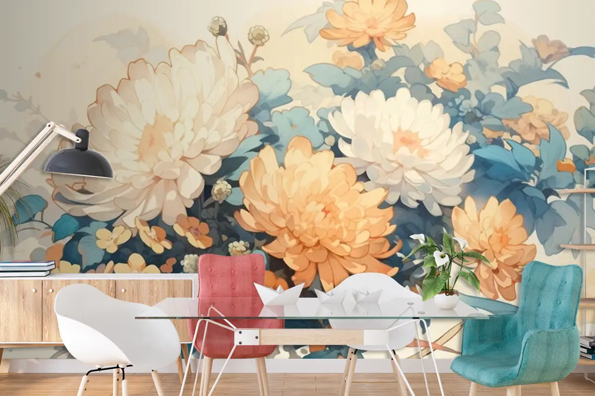 Tamamlayıcı Renklerle Suluboya Vintage Krizantem Teması Duvar Kağıdı