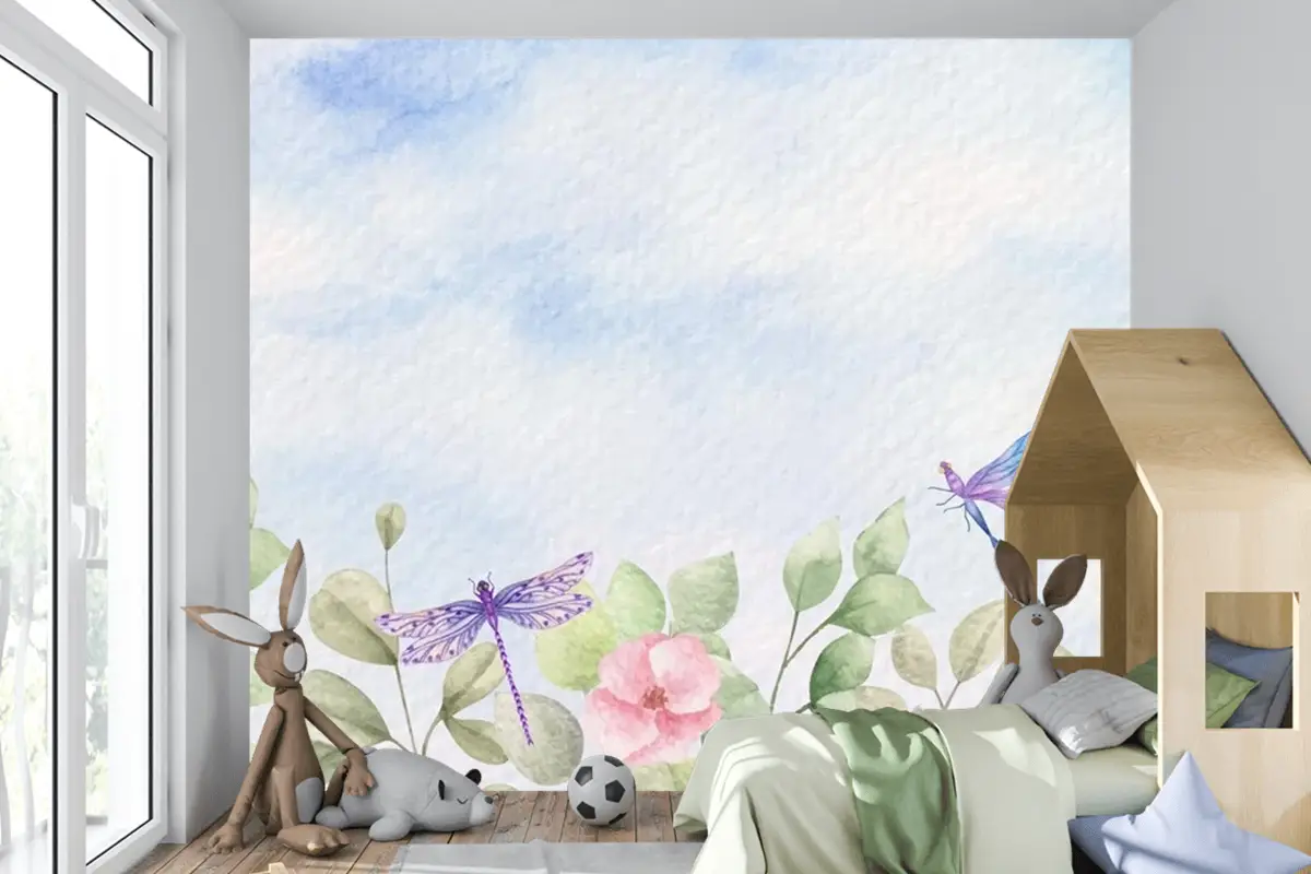 Suluboya Yabani Yapraklar Yusufçuk Çocuk Odası Duvar Kağıdı Ile Manzara Arka Plan