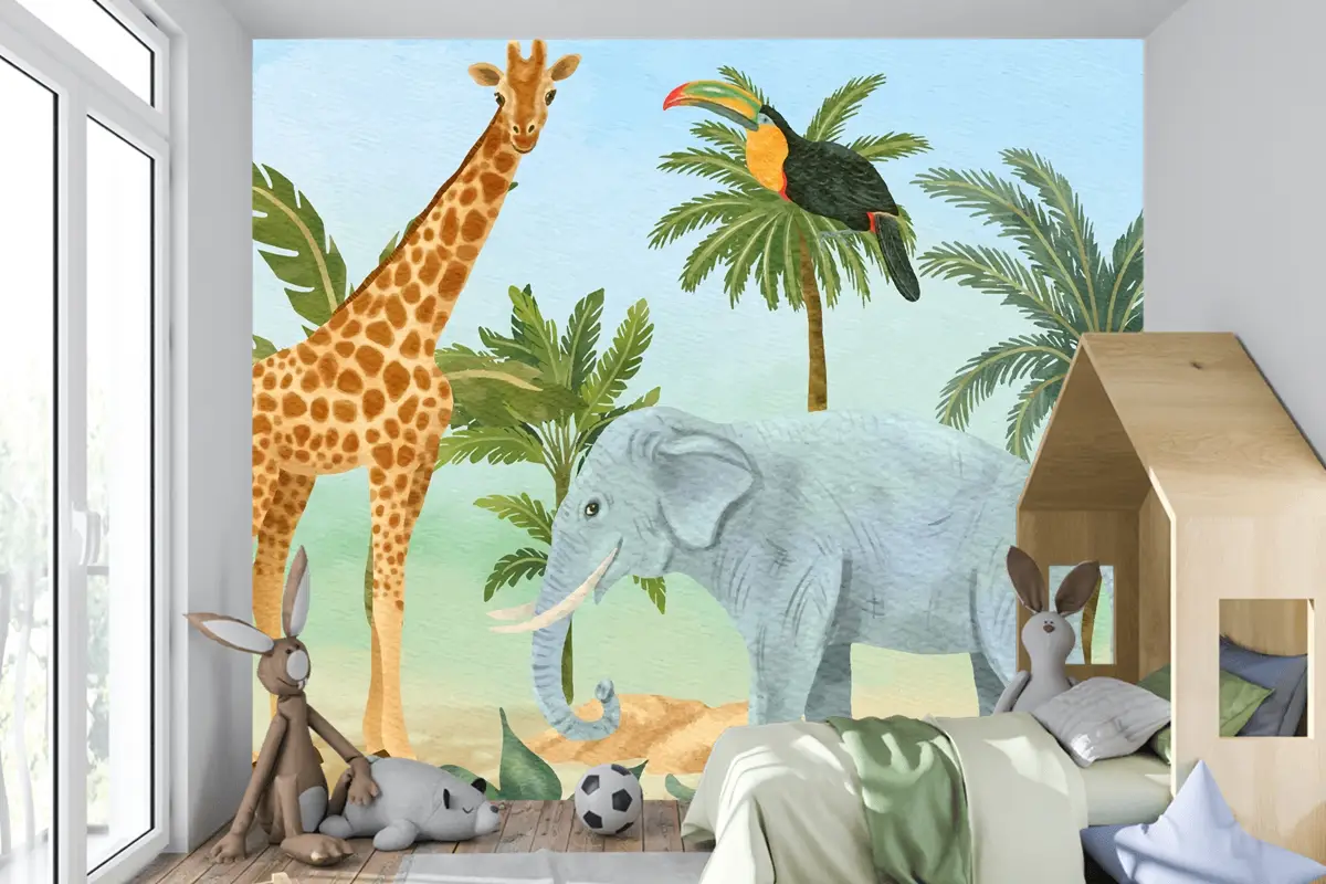 Suluboya Yaban Hayatı Arka Plan Çocuk Boys Çocuk Odası Duvar Kağıdı