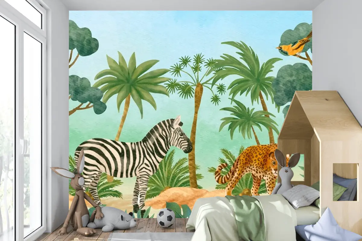 Suluboya Yaban Hayatı Arka Plan Çocuk Odası Duvar Kağıdı 