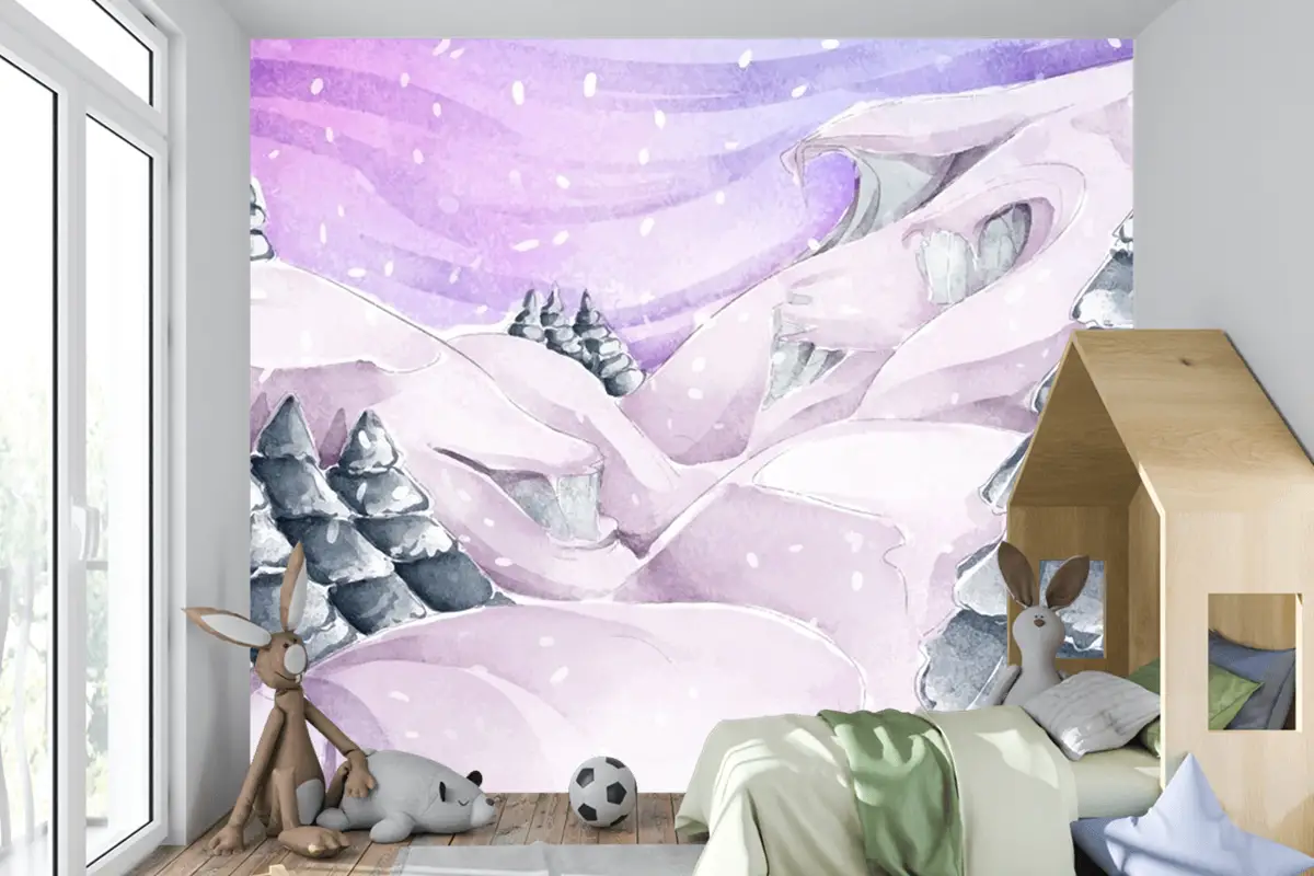 Çam Ağaçları Ile Suluboya Kış Manzarası Çocuk Odası Duvar Kağıdı