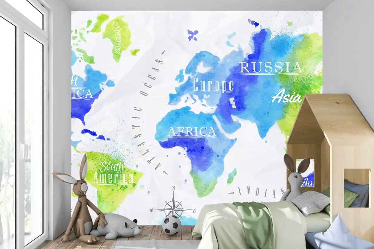 Suluboya Dünya Haritası Çocuk Odası Duvar Kağıdı 