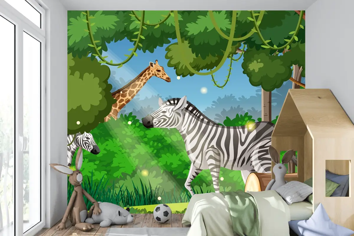 Ormandaki Vahşi Hayvanlar Manzara Çocuk Odası Duvar Kağıdı 