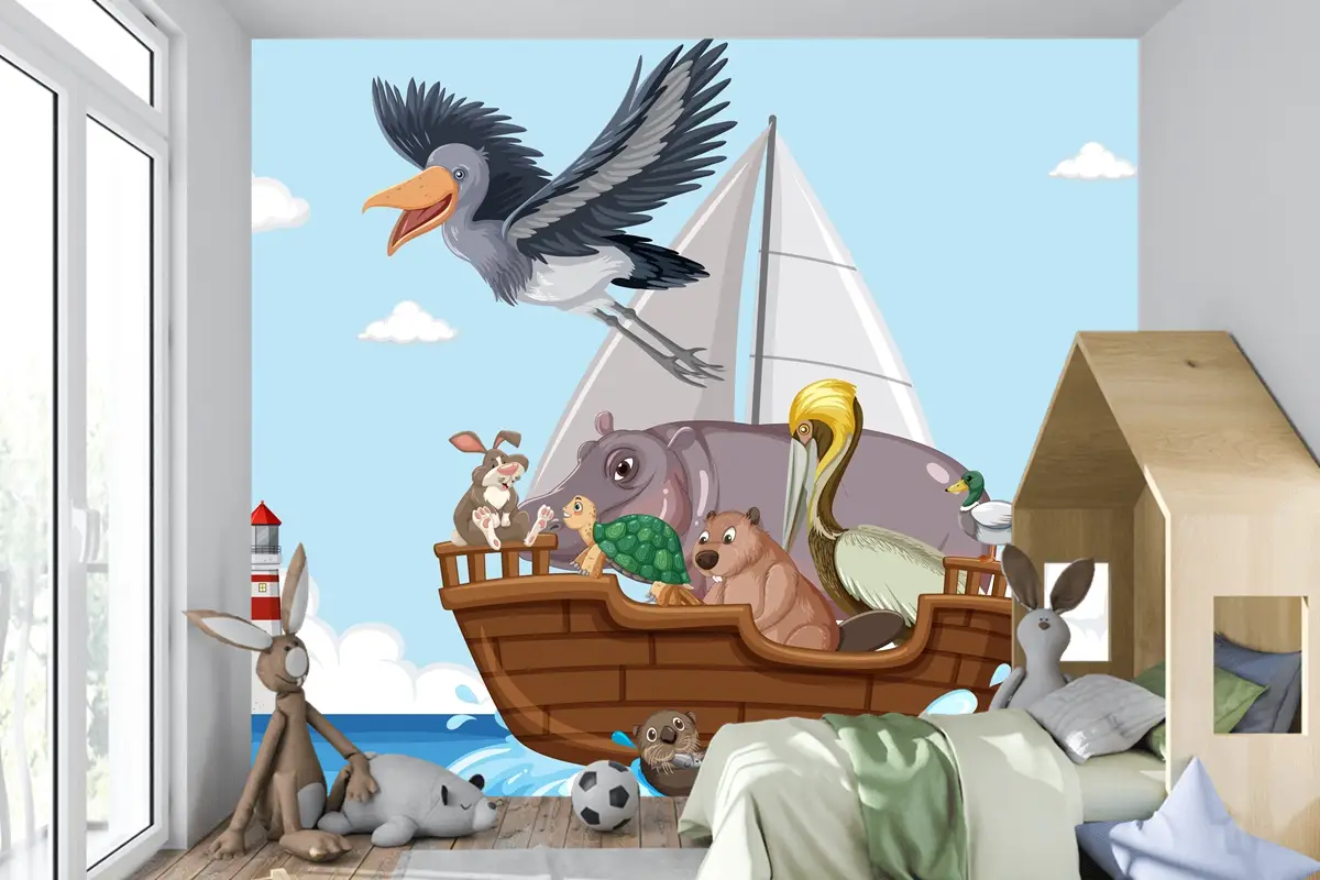 Bir Teknede Vahşi Hayvanlar Çocuk Odası Duvar Kağıdı
