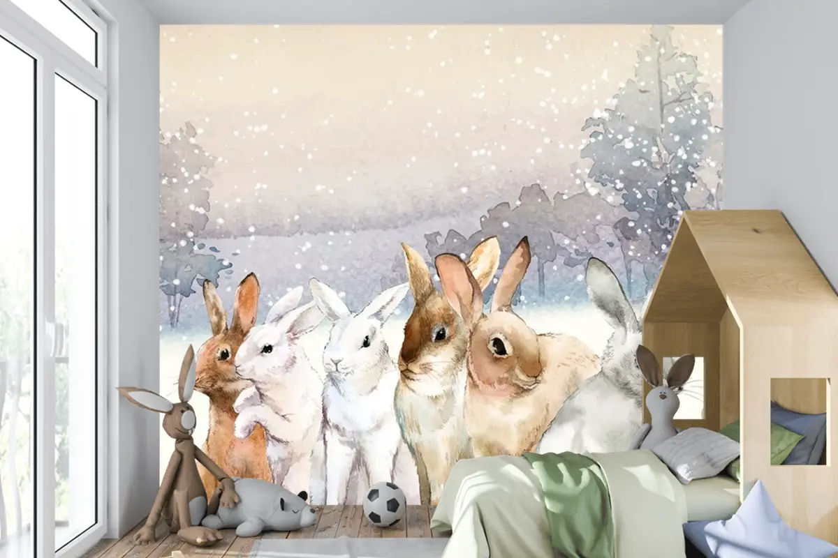 Kışın Karda Vahşi Tavşanlar Suluboya Çocuk Odası Duvar Kağıdı  Ile Boyanmış