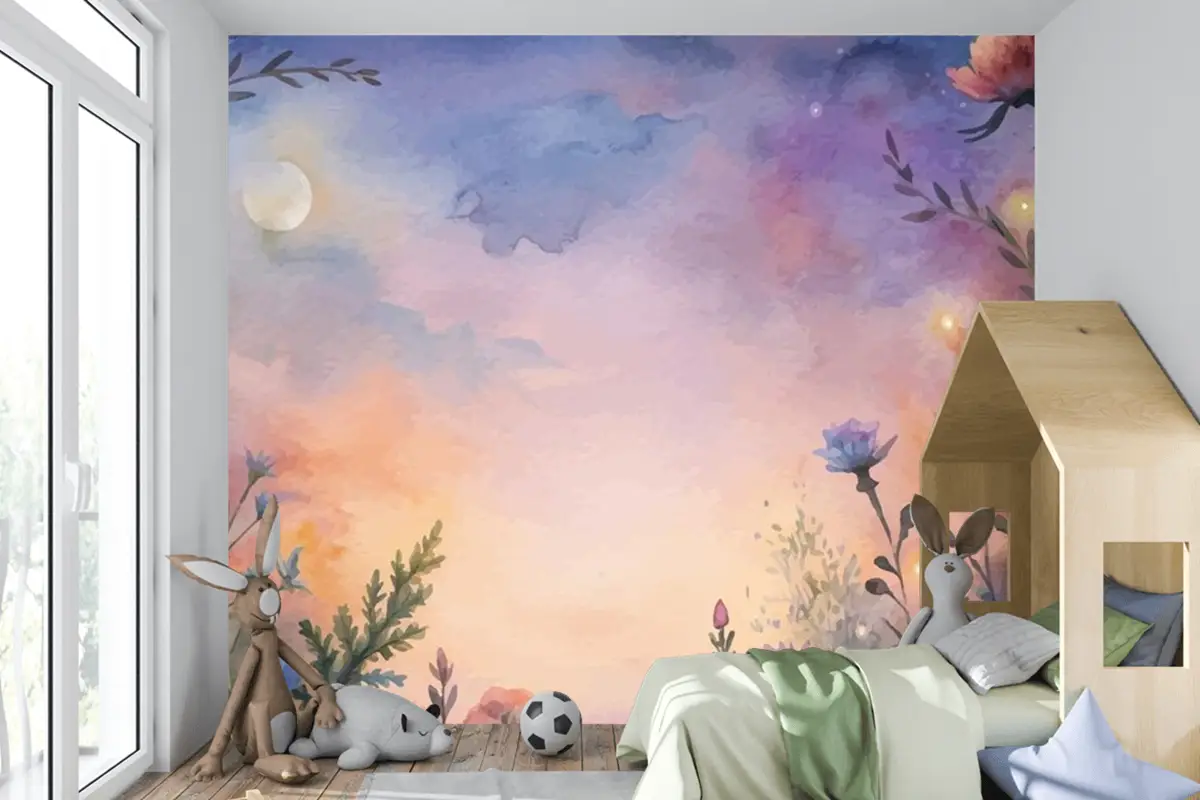 Gün Batımında Kır Çiçeği Suluboya Arka Plan Çocuk Odası Duvar Kağıdı