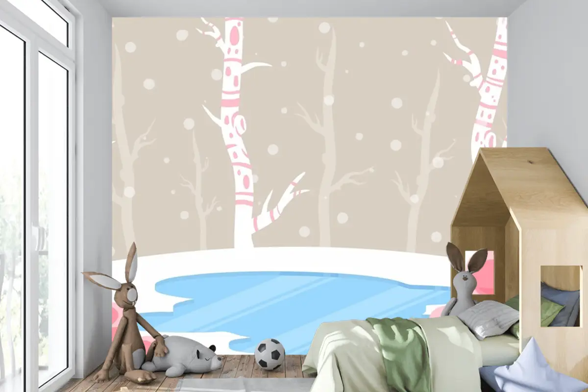 El Çizimi Çocuk Odası Duvar Kağıdı Duvarında Kış Konsepti