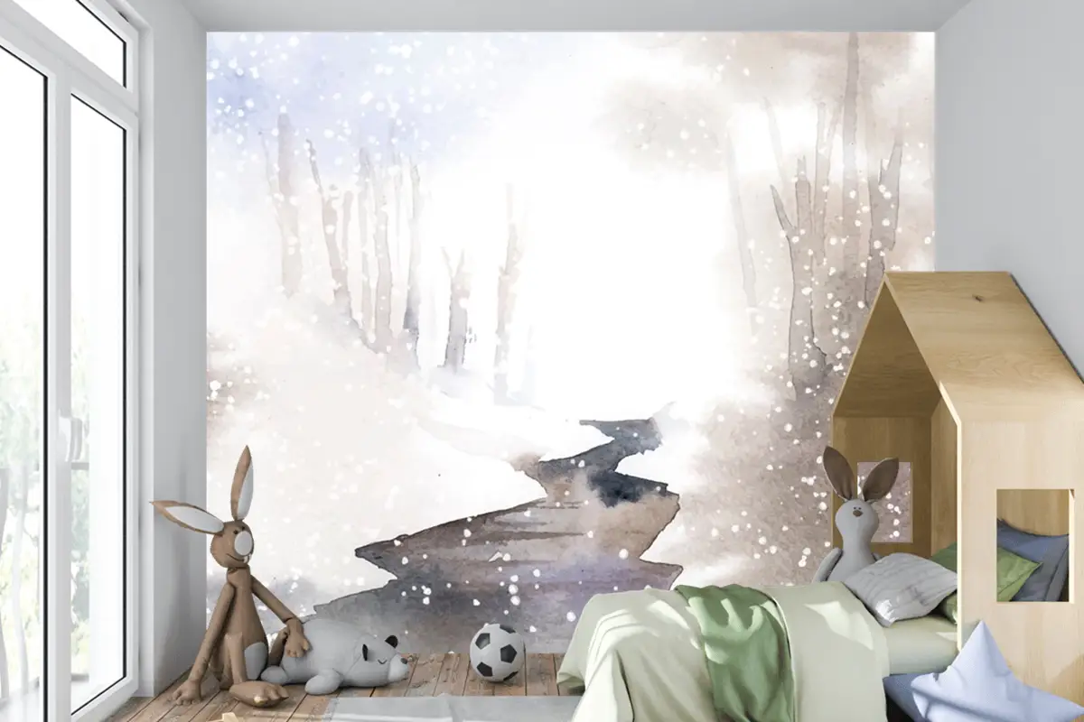 Kış Harikalar Diyarı Manzarası Suluboya Çocuk Odası Duvar Kağıdı  Ile Boyalı