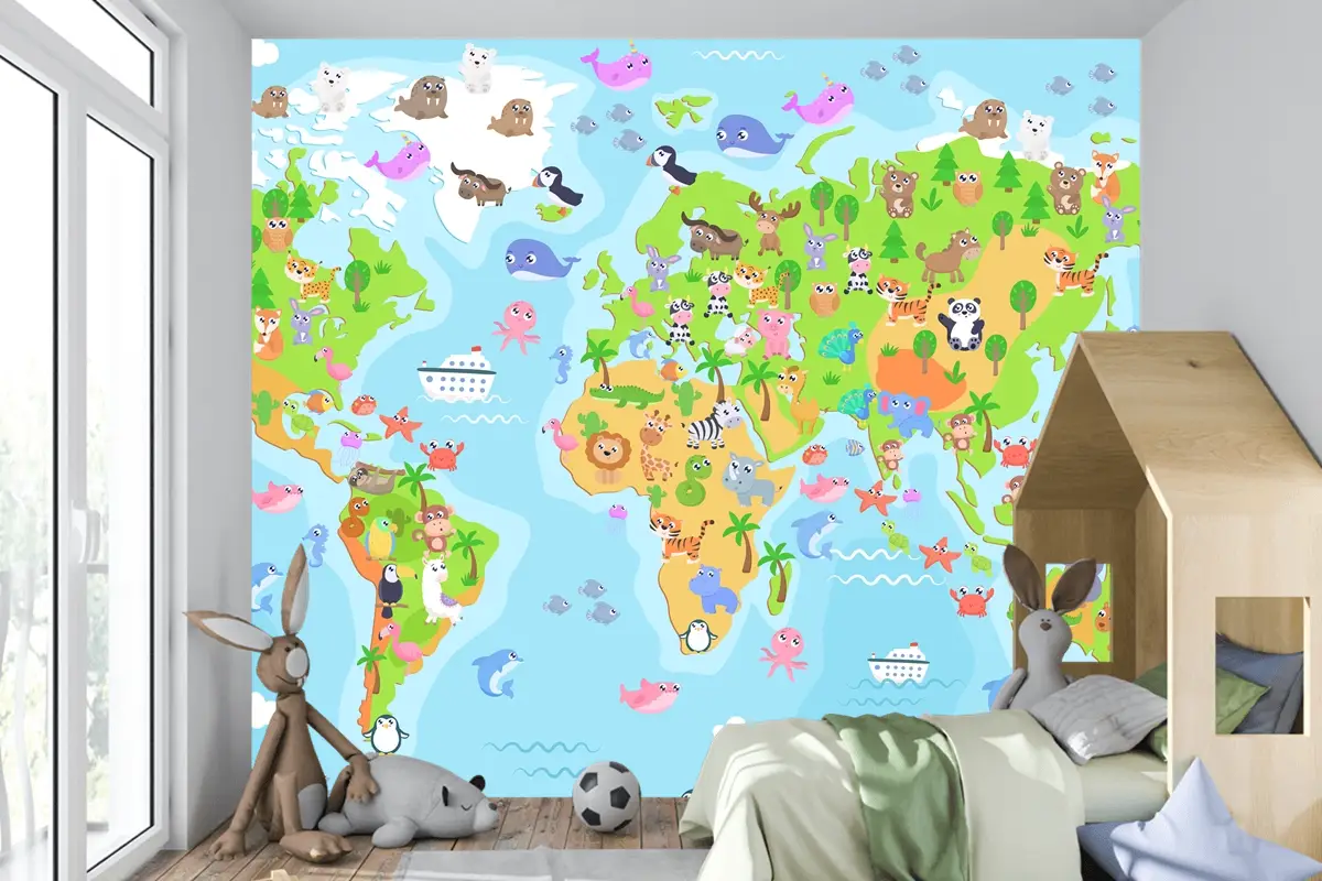 Çocuklar Için Hayvanlarla Dünya Haritası Çocuk Odası Duvar Kağıdı