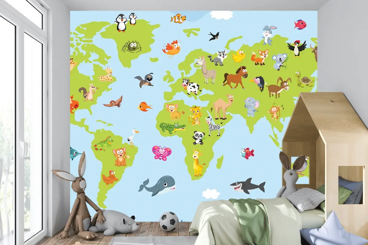 Karikatür Hayvanlı Dünya Haritası Çocuk Odası Duvar Kağıdı