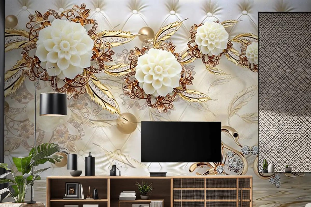  3 Boyutlu Tv Arkası Gold Çiçekler