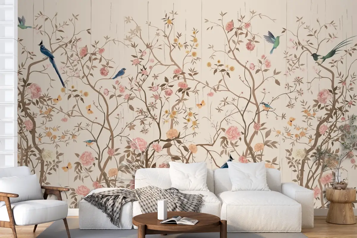Kuşlar Ve Çiçeklerle Çin Duvar Kağıdı Duvar Kağıdı