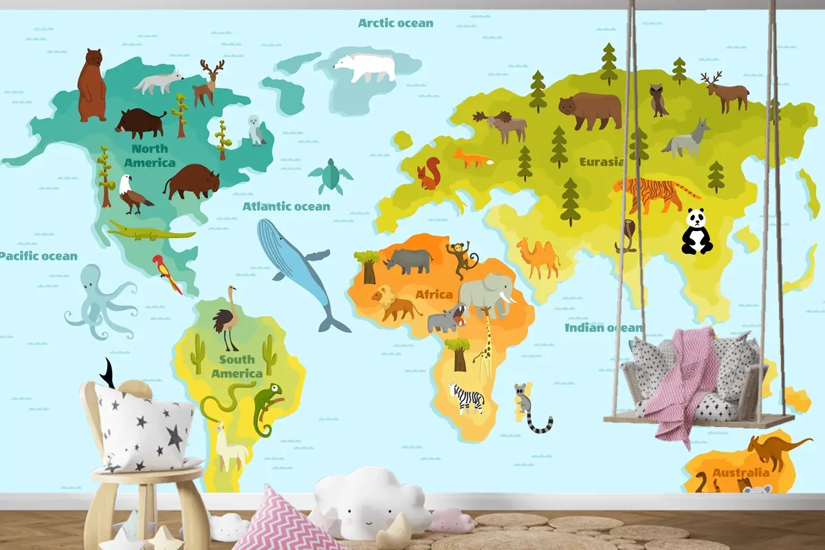 Kıtalar Çocuk Odası Duvar Kağıdı  Olan Çocuklar İçin Komik Karikatür Hayvan Dünya Haritası