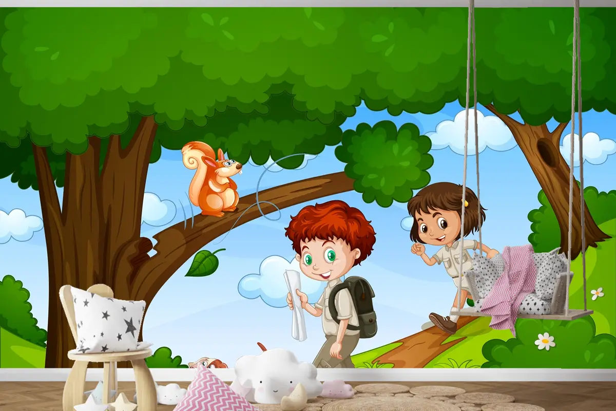 Erkek Ve Kız Sevimli Hayvan Sahnesi Çocuk Odası Duvar Kağıdı Yle Parkta Keyfini Çıkarıyor