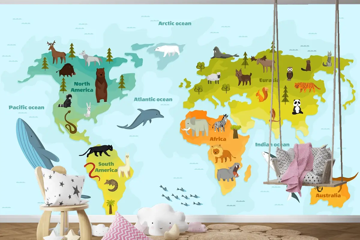 Farklı Hayvan Çocuk Odası Duvar Kağıdı  Ile Dünya Haritası