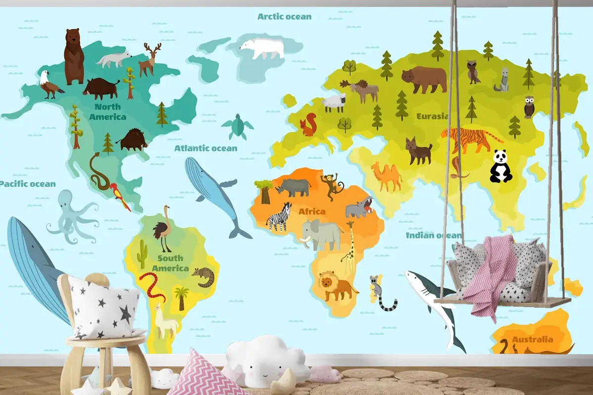 Farklı Hayvan Çocuk Odası Duvar Kağıdı  Ile Dünya Haritası