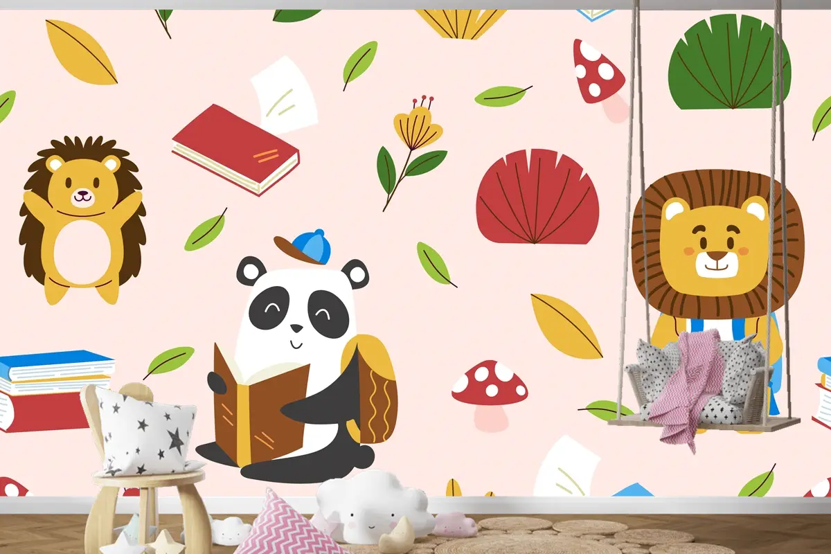 Elle Çizilmiş Çocuksu Hayvanlar Desen Çocuk Odası Duvar Kağıdı 