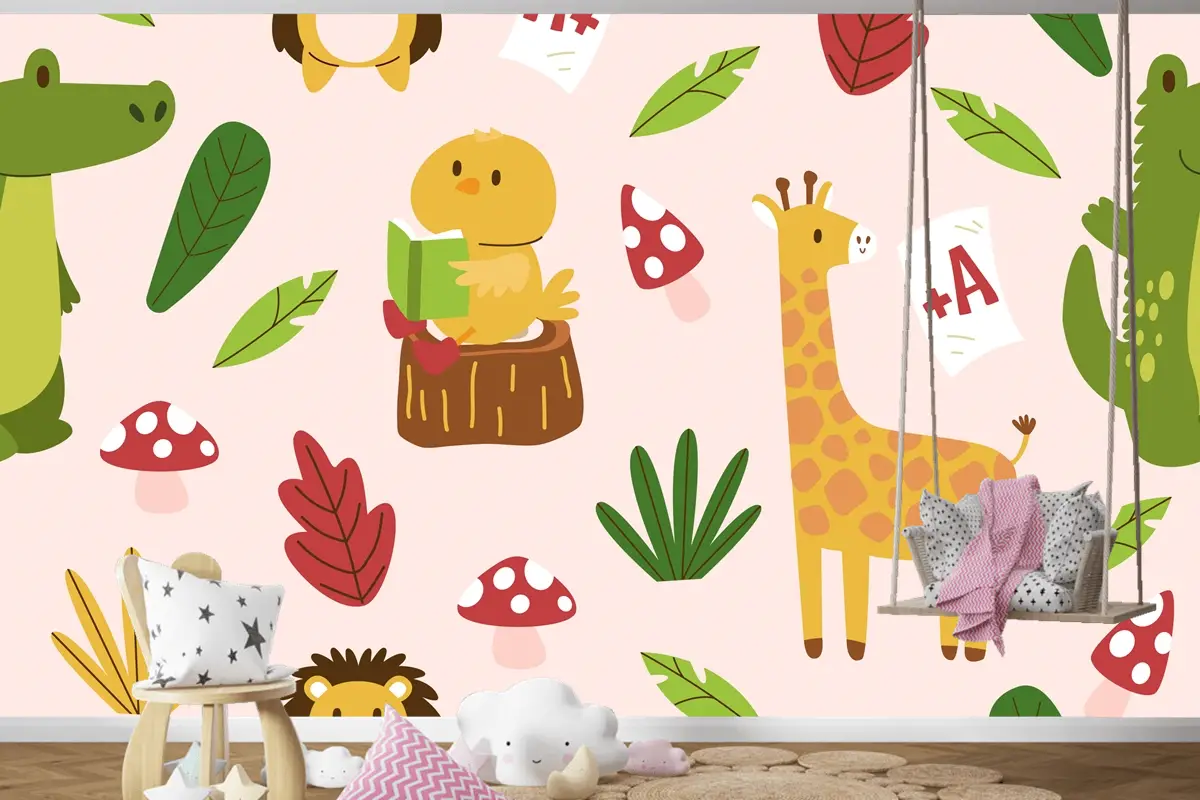 Elle Çizilmiş Çocuksu Hayvanlar Desen Çocuk Odası Duvar Kağıdı 