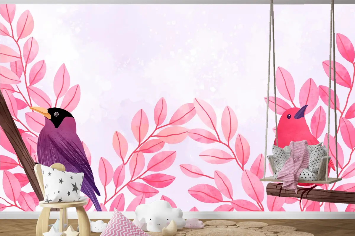 Dallarda Oturan Kuşların Güzel Suluboya Çocuk Odası Duvar Kağıdı