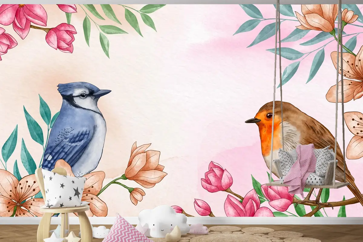 El Boyalı Suluboya Çiçek Kuşlar Arka Plan Çocuk Odası Duvar Kağıdı 