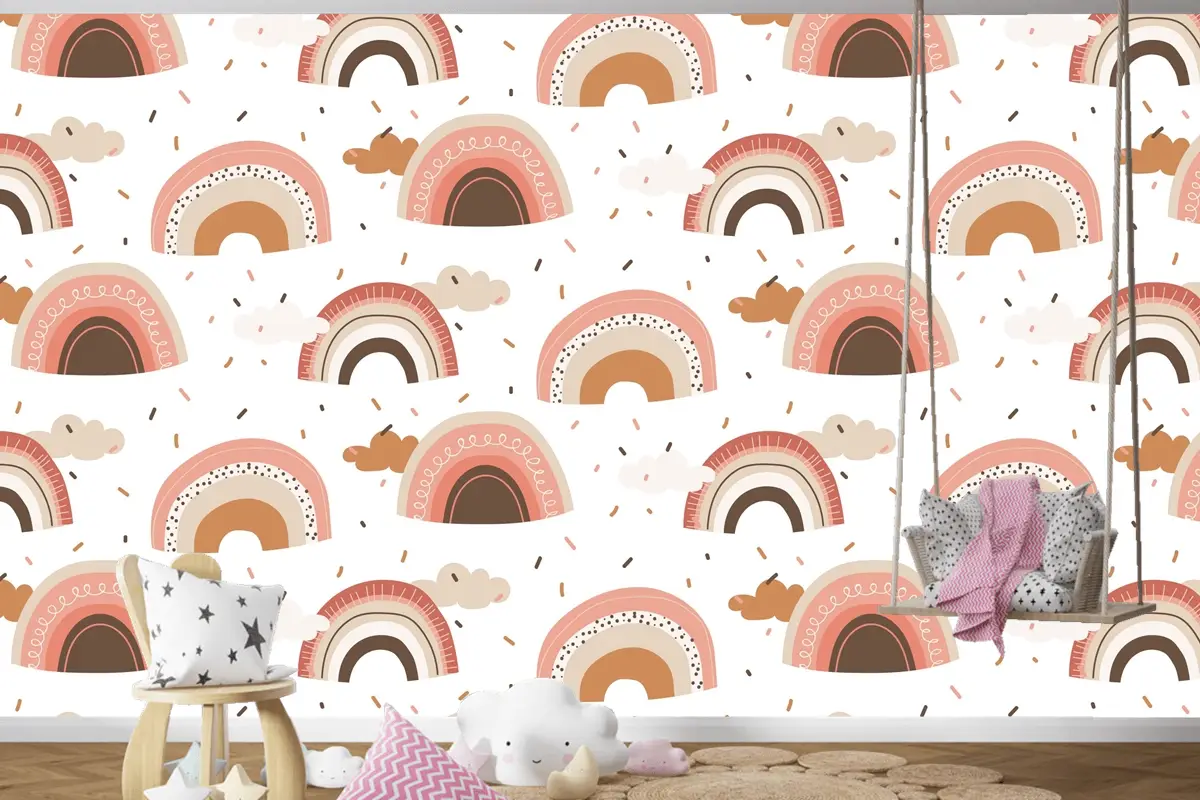 Elle Çizilmiş Gökkuşağı Desen Tasarımı Çocuk Odası Duvar Kağıdı