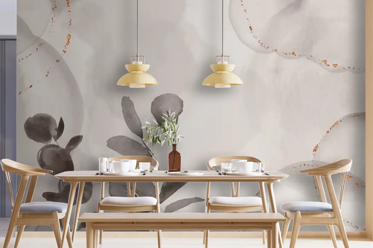 Suluboya Elle Çizilmiş Arka Plan Yaprakları Yemek Odası Duvar Kağıdı