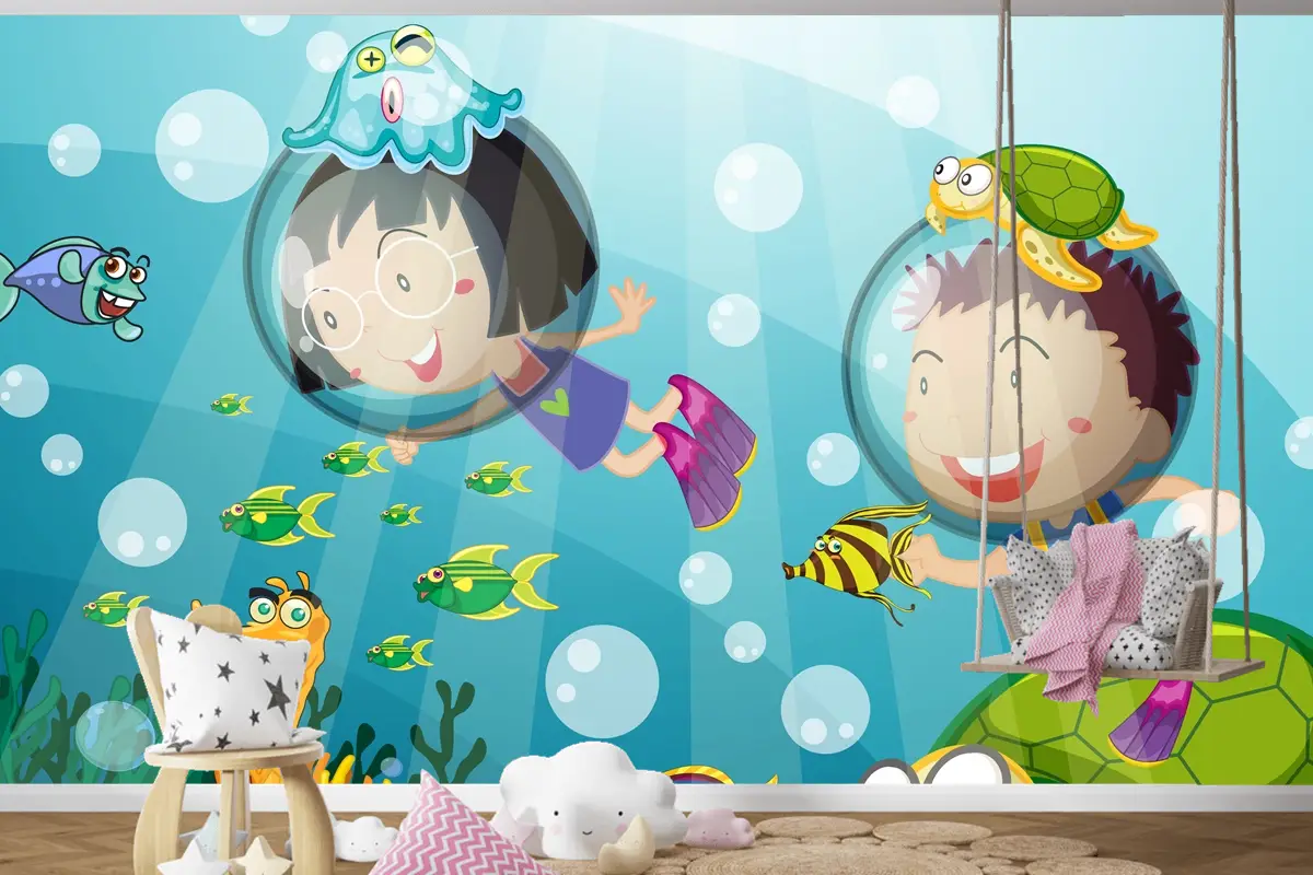 Mutlu Çocuklarla Sualtı Sahnesi Tüplü Dalış Çocuk Odası Duvar Kağıdı