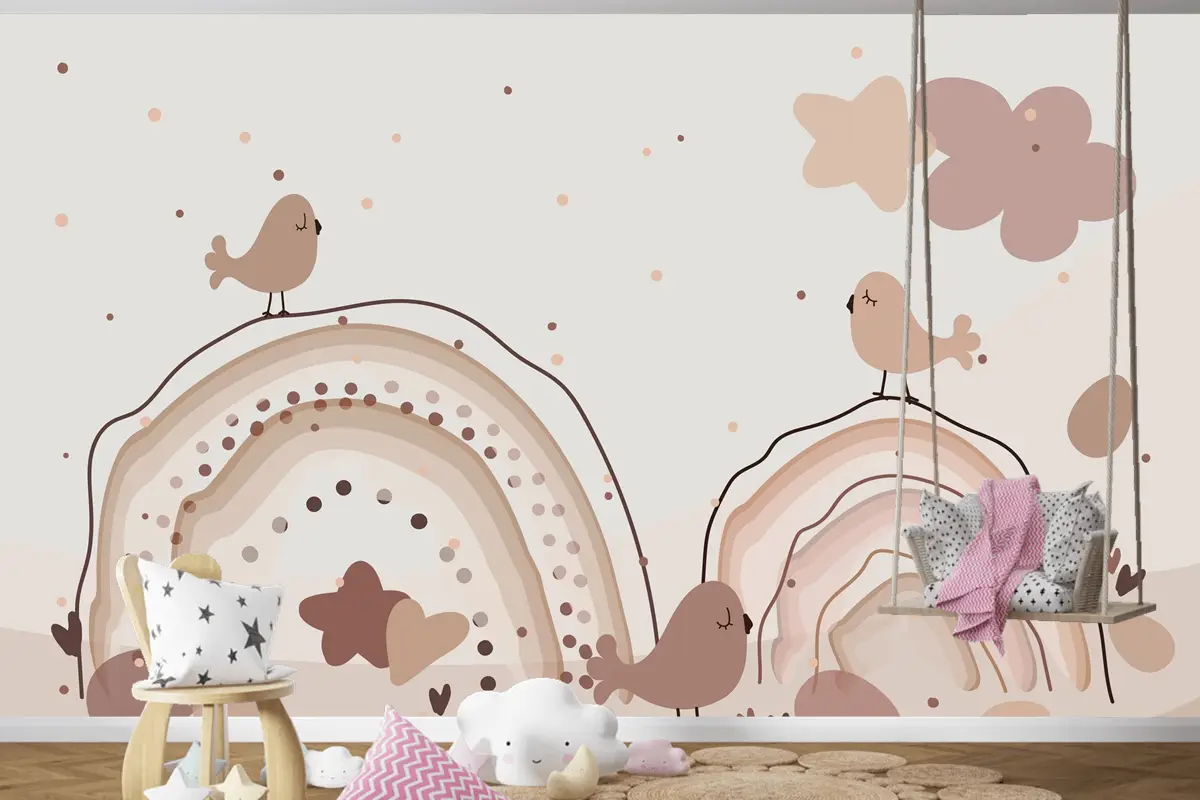 Suluboya Gökkuşağı Mutlu Paskalya Bej Çocuk Odası Duvar Kağıdı