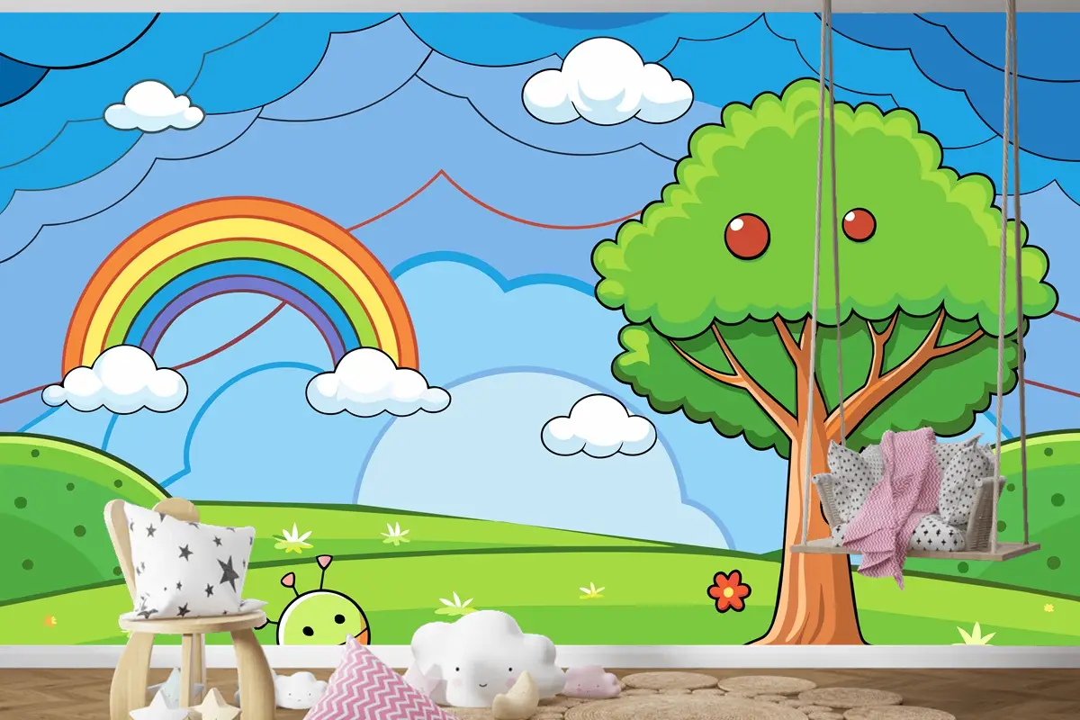 Çocuk Odası Duvar Kağıdı Nde Ağaç Ve Gökkuşağının Bulunduğu Renkli Bir Gökkuşağı Çizimi