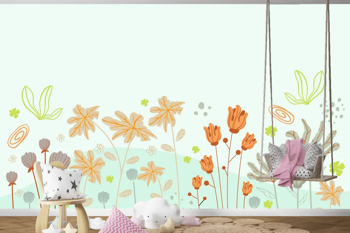Güzel Ve Yaratıcı Çiçekli Çocuk Odası Duvar Kağıdı 