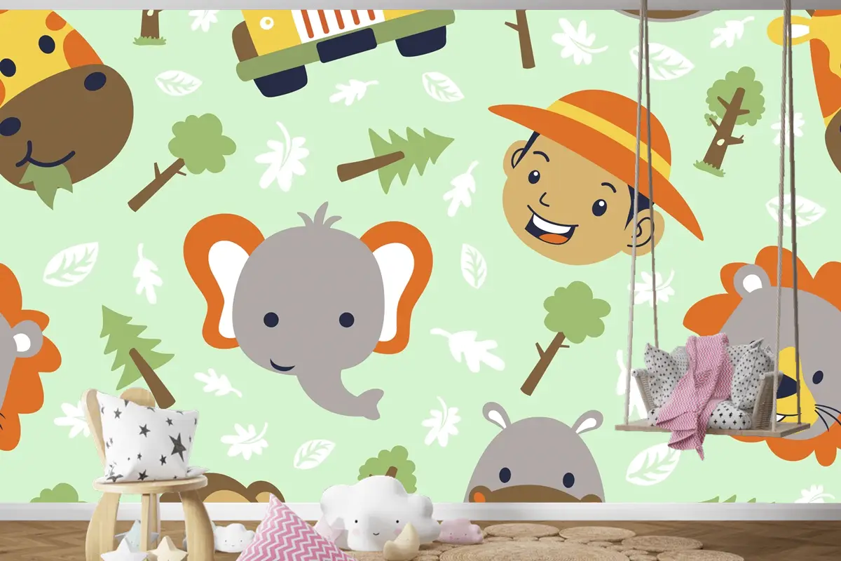 Komik Safari Hayvanları Kafa Karikatürü Ve Kusursuz Desenli Küçük Çocuk Kafası Çocuk Odası Duvar Kağıdı