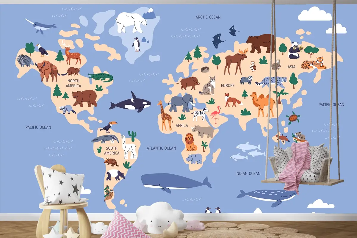 Suda Ve Yeryüzünde Hayvanların Bulunduğu Dünya Haritası Coğrafya Çocuk Odası Duvar Kağıdı