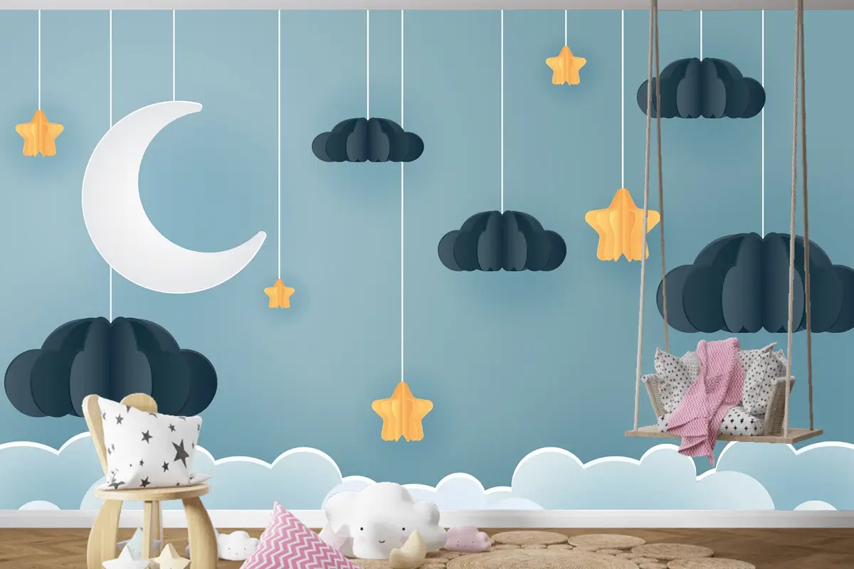 Gece Çocuk Odası Duvar Kağıdı  Ile Ay Ve Yıldızdaki Aile