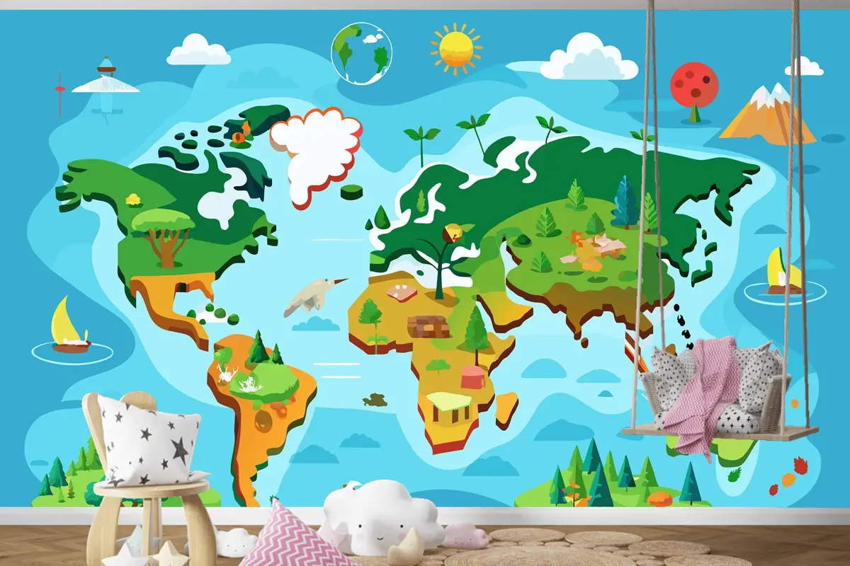 Farklı Ağaç Türleriyle Dünya Haritası İnteraktif Dünya Haritası Çocuk Odası Duvar Kağıdı