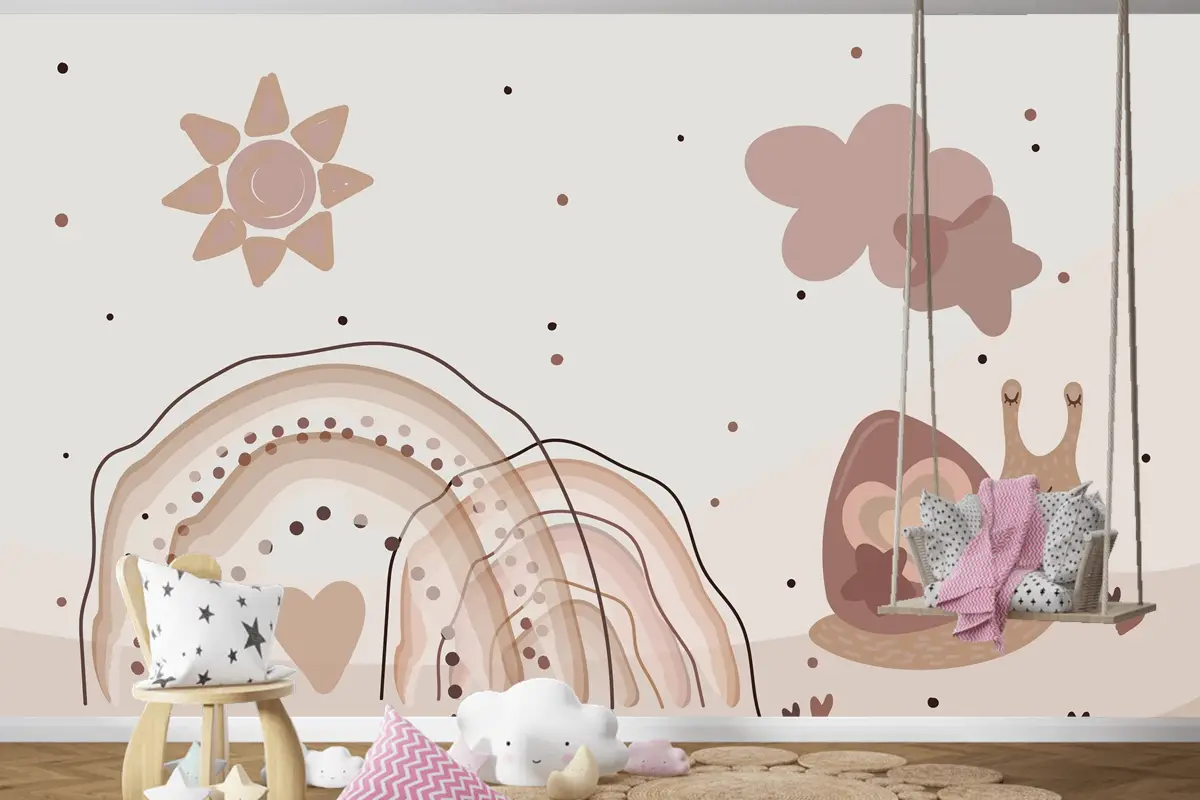 Suluboya Gökkuşağı Ve Salyangoz Bej Çocuk Odası Duvar Kağıdı
