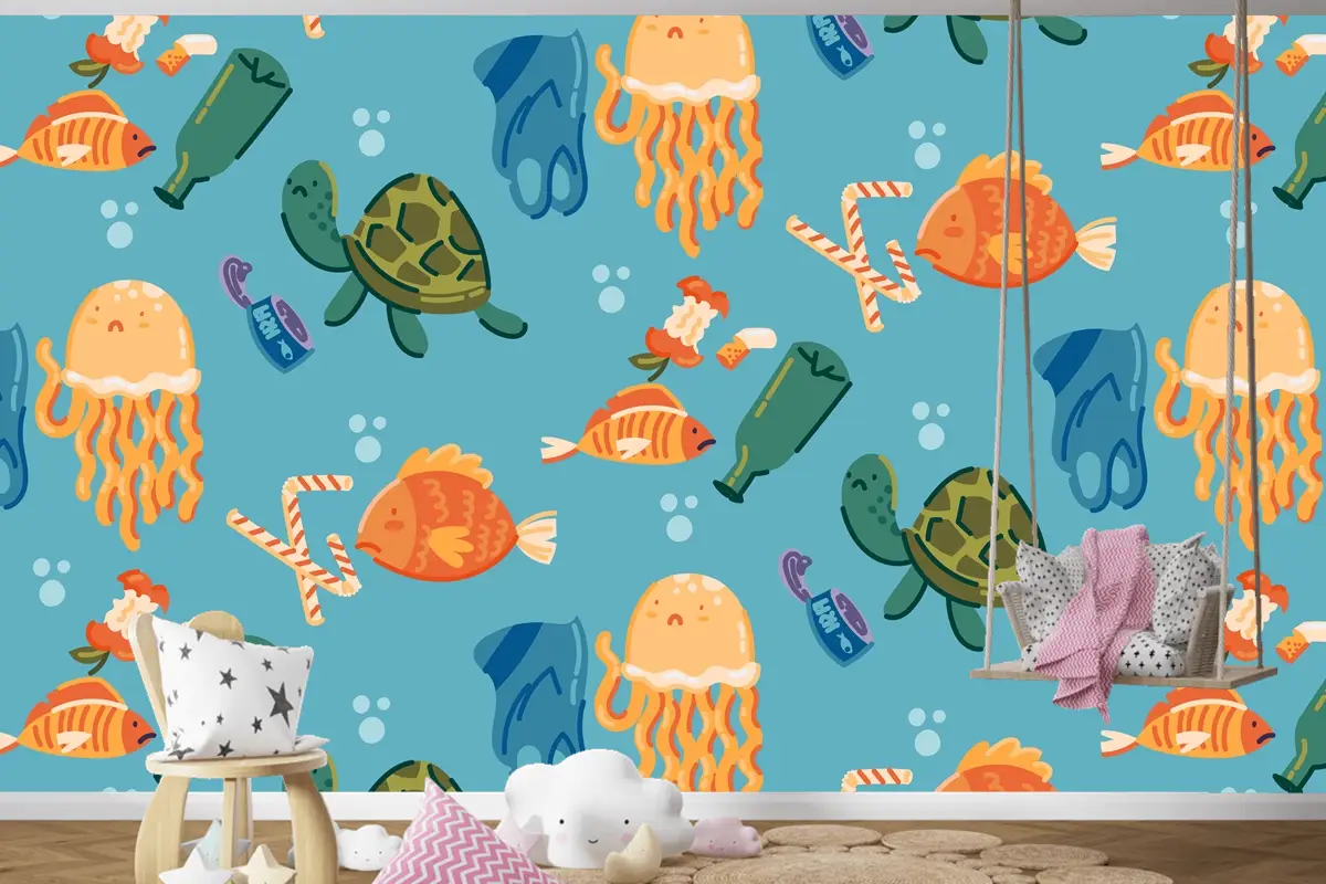Elle Çizilmiş Okyanusları Kurtar Desen Çocuk Odası Duvar Kağıdı 