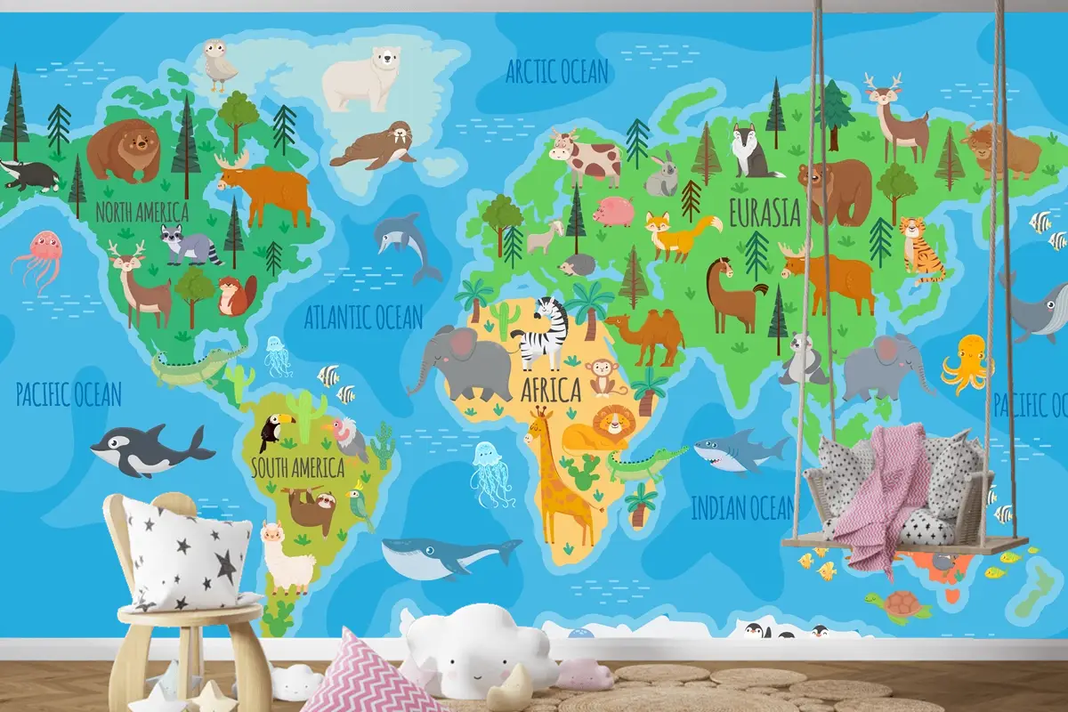 Orman Hayvanları Çocuk Odası Duvar Kağıdı Ile Çocuk Odası İçin Karikatür Dünya Haritası