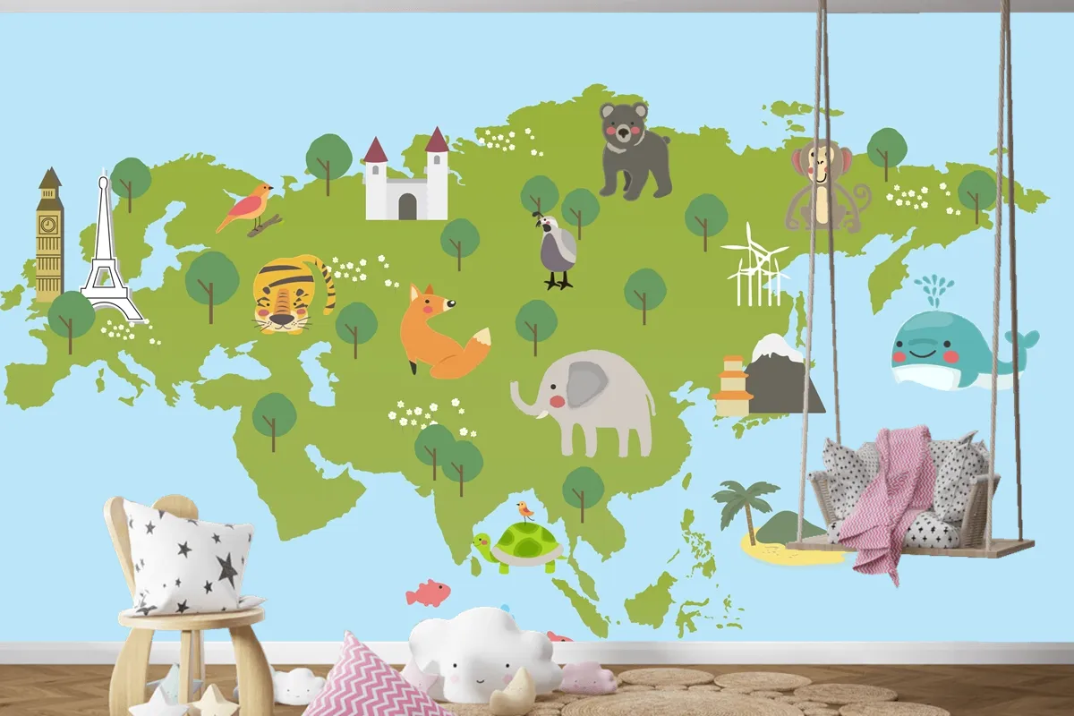 Yaban Hayatı Habitatlarının Çizim Stili Seti Çocuk Odası Duvar Kağıdı